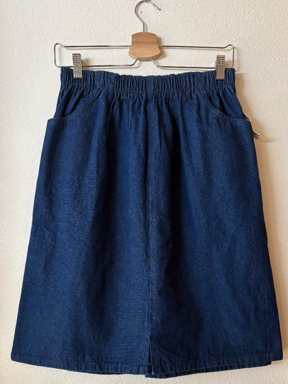 Vintage 90s Elastic Waist Dark Wash Denim Midi Skirt Straight A-Line Pockets S